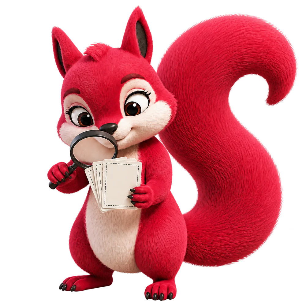 The Selfo squirrel examining a photo with a magnifying glass